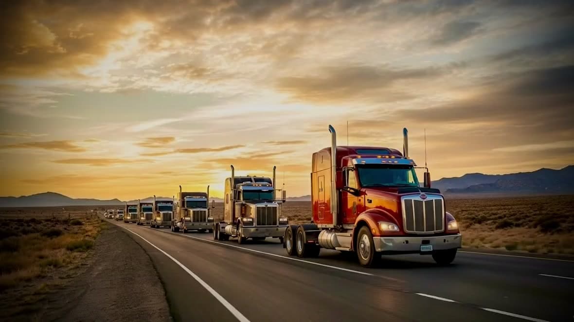 Fleet of trucks at sunset