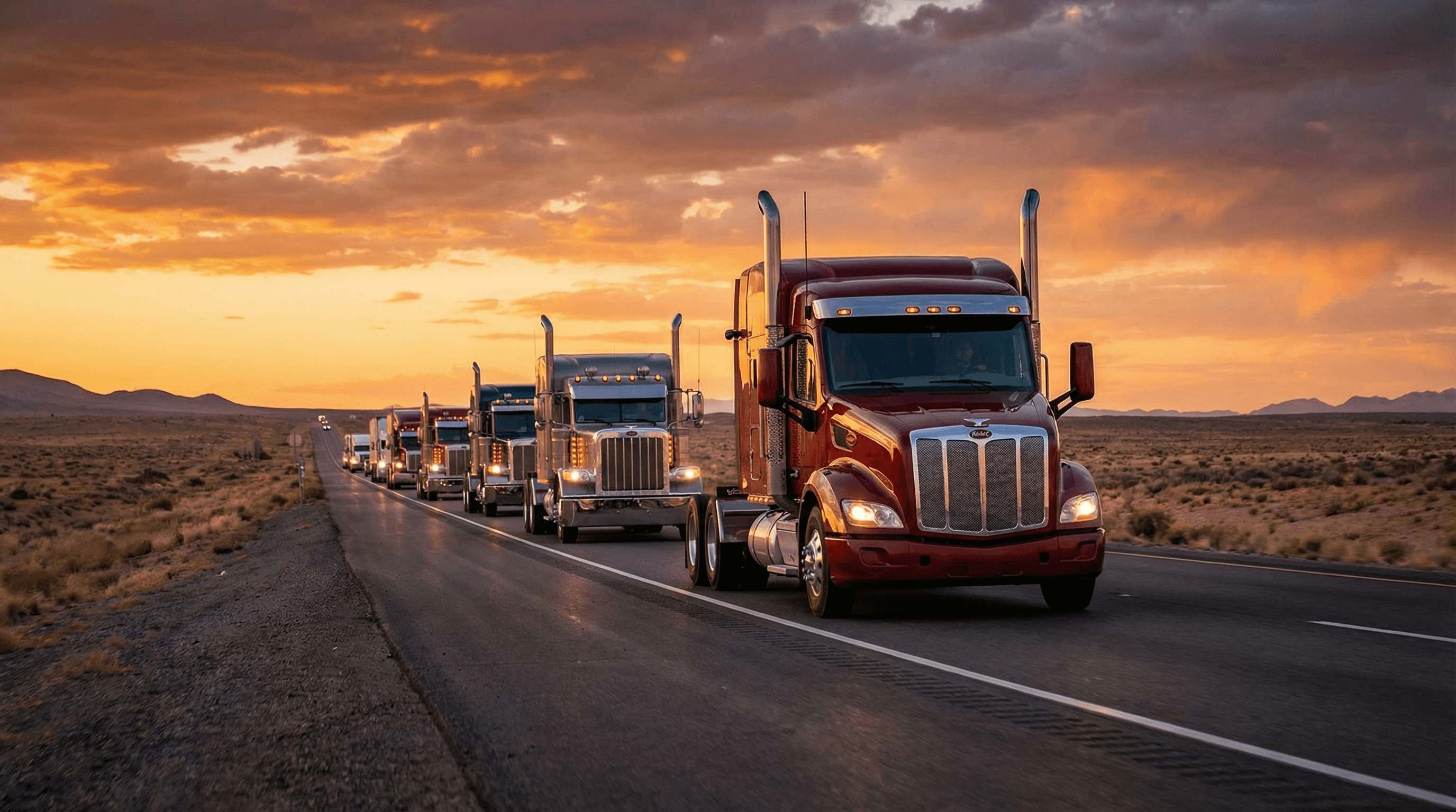 Fleet of trucks at sunset