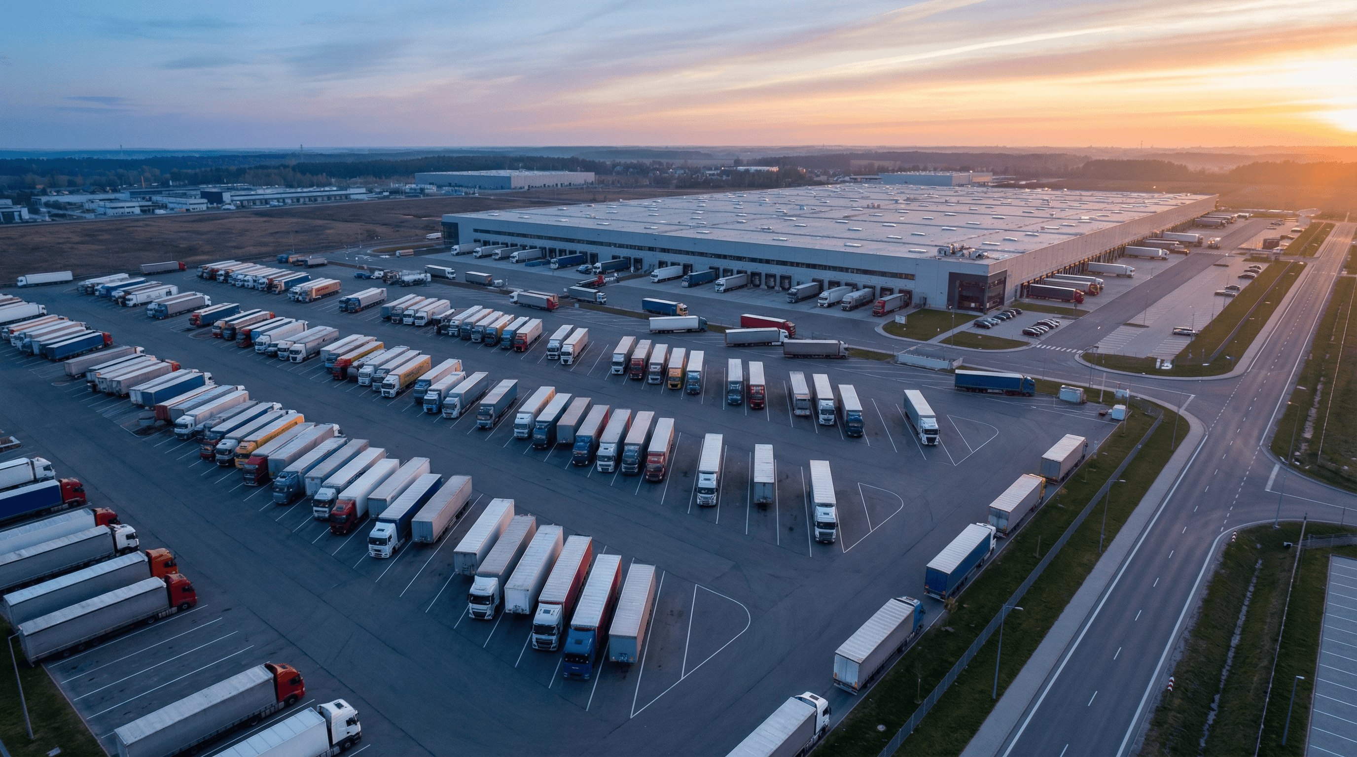 Aerial view of massive truck fleet