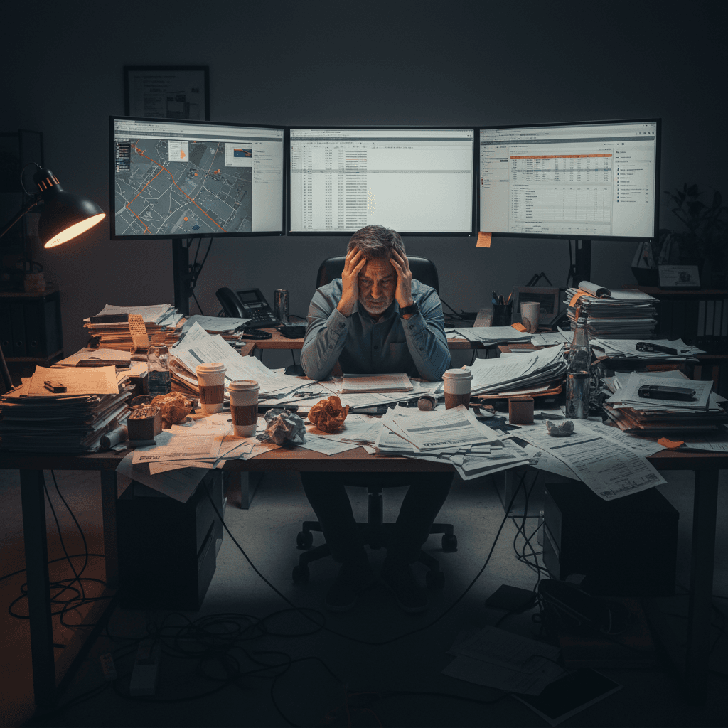 Overwhelmed dispatcher at cluttered desk